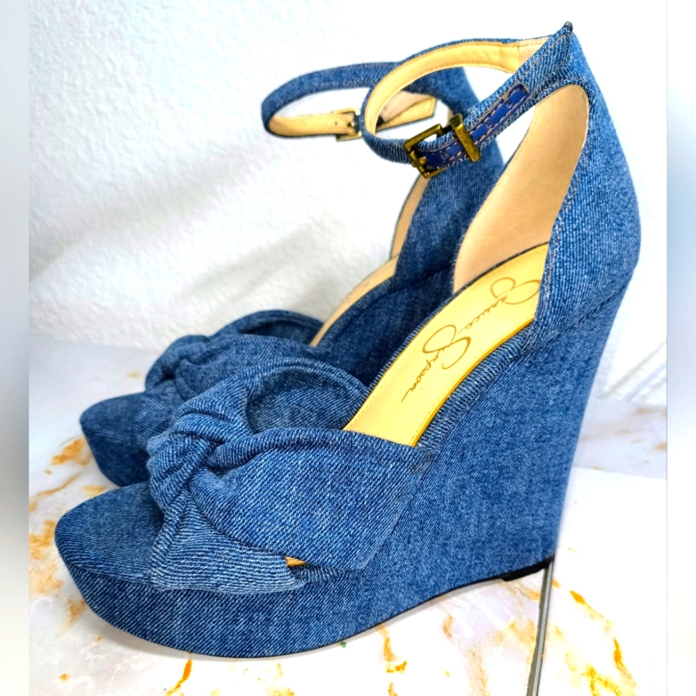 Demin bow wedge sandals